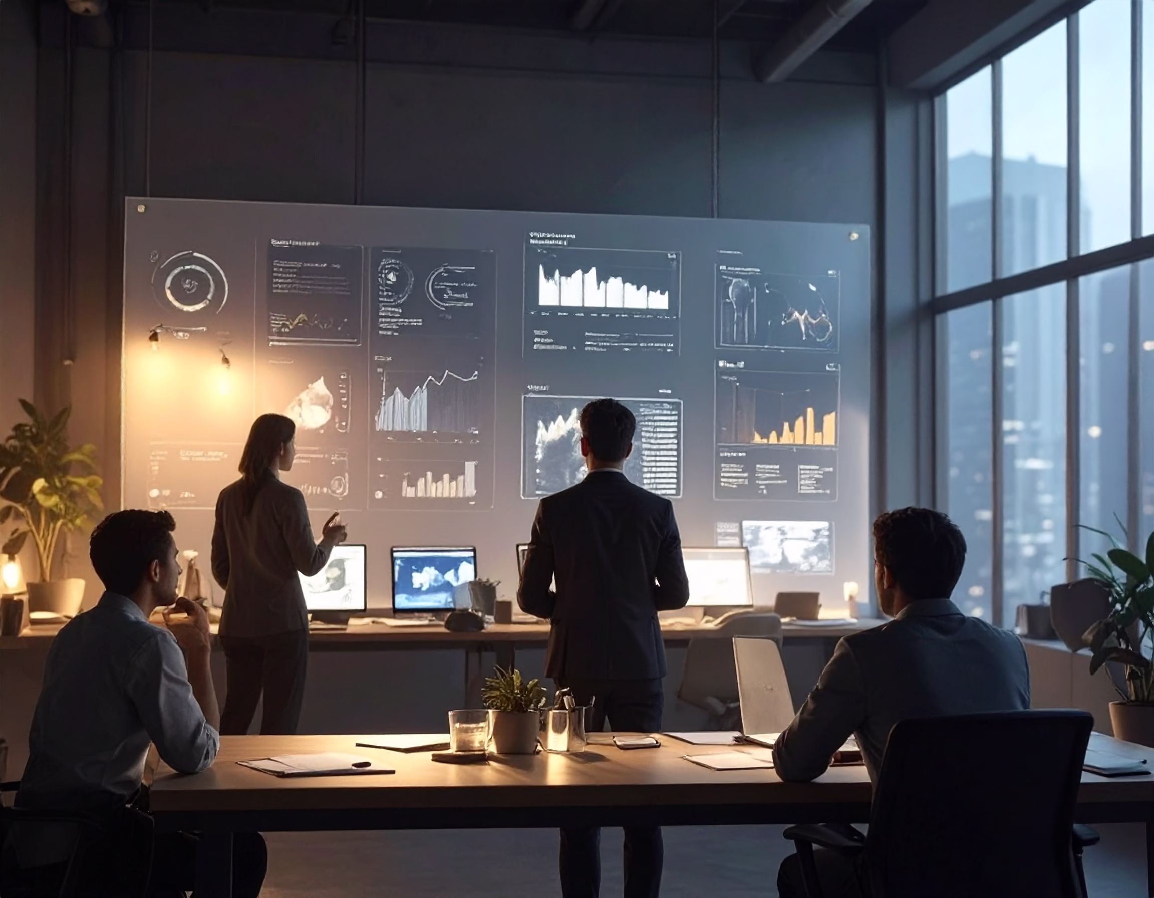 Cybersecurity tools: Modern team viewing security dashboards in an office