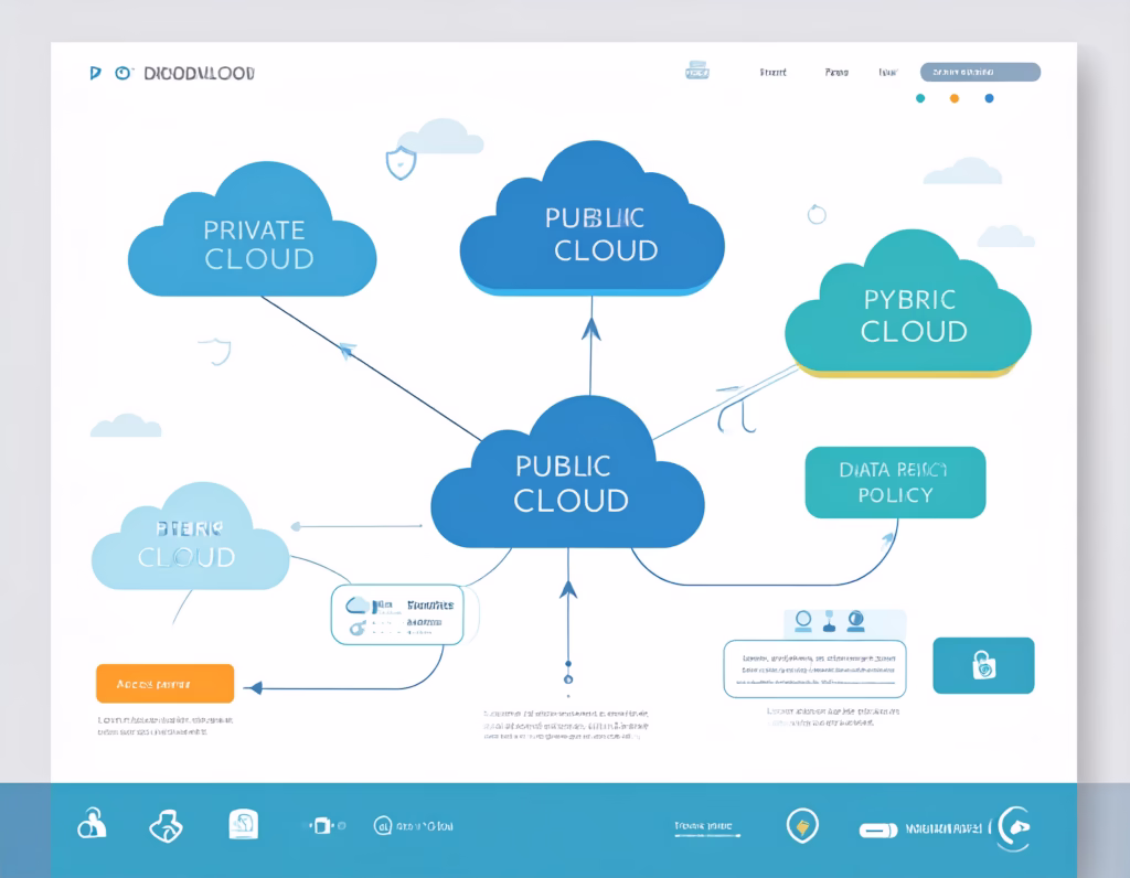 Cybersecurity tools: Stylized multi-cloud map showing secure traffic routes and policy tags
