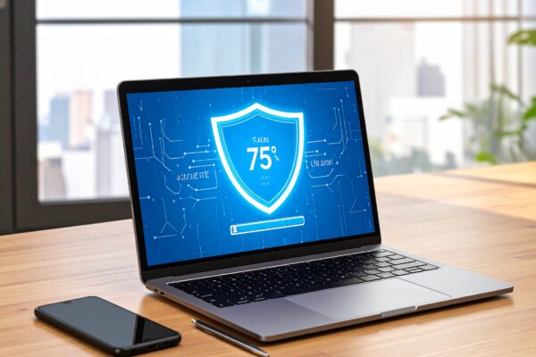 Firefly_A realistic close-up of a modern laptop on a wooden desk displaying a blue screen wit 475041