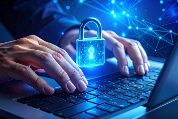 Cybersecurity guide for beginners: laptop with digital security icons