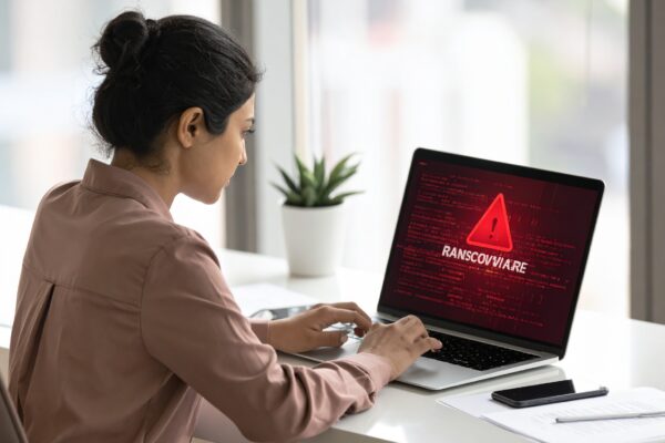 ransomware attacks explained – realistic ransomware warning on laptop screen.