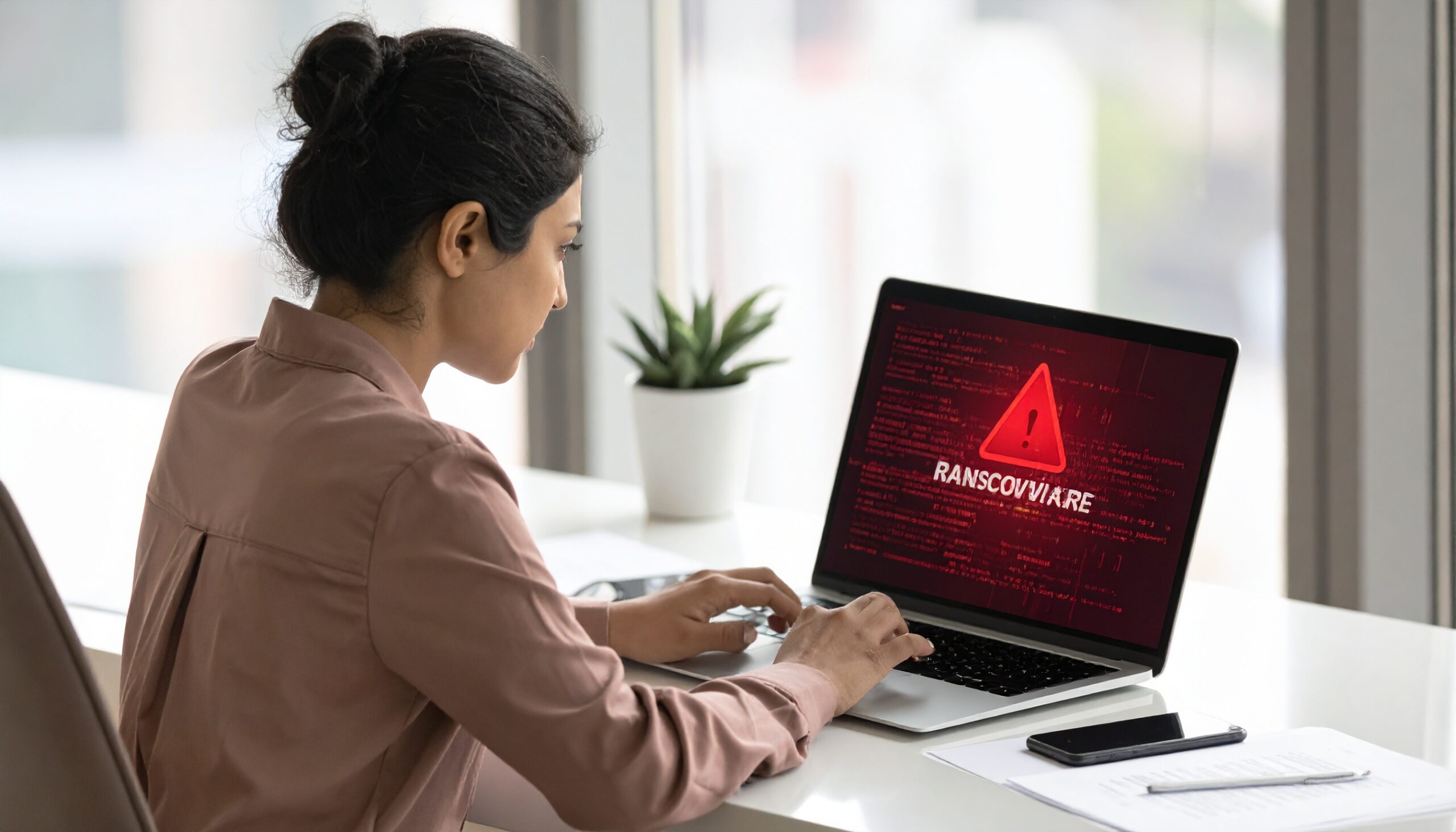 ransomware attacks explained – realistic ransomware warning on laptop screen.