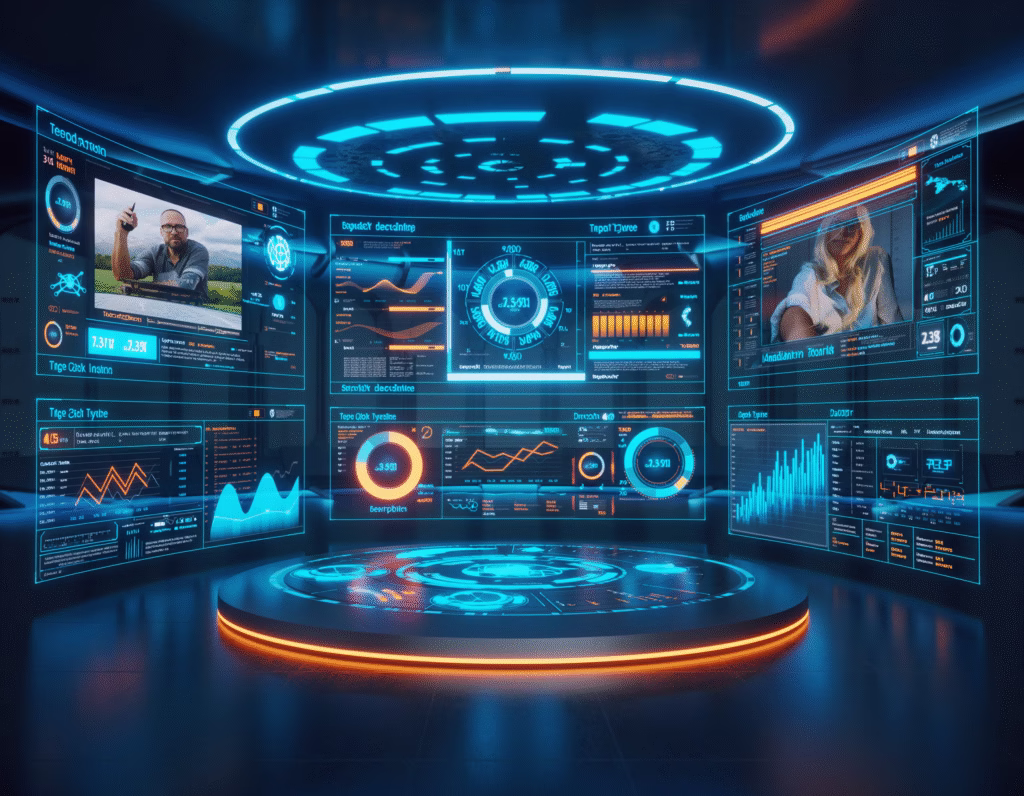 Visualization of AI deepfake security tools analyzing video and audio content in a futuristic cybersecurity setup