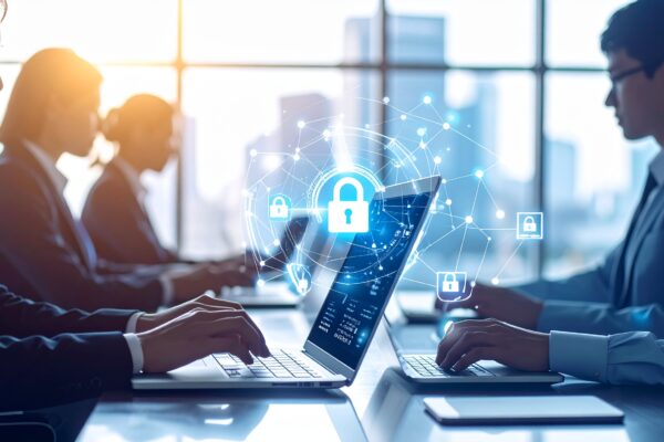 Firefly_Office environment with multiple employees using laptops and tablets with VPN enabled 960758