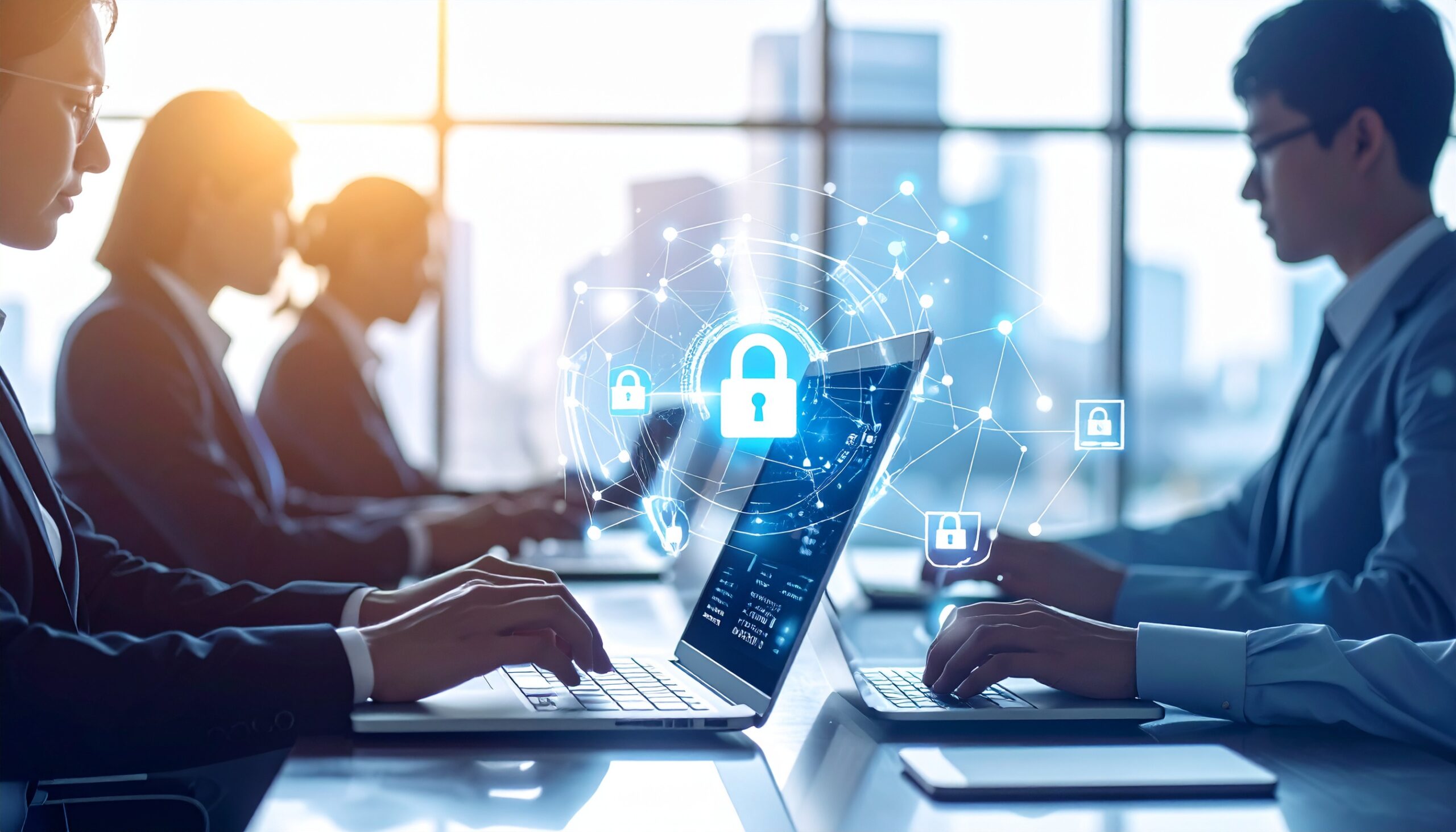 Firefly_Office environment with multiple employees using laptops and tablets with VPN enabled 960758