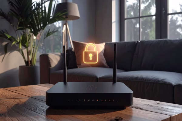 protect-your-home-network: Modern home Wi-Fi router on a wooden table with a glowing lock icon — secure home Wi-Fi.