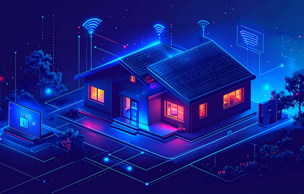 Illustration of secure home network with VPN and encrypted connections for cybersecurity for remote workers.