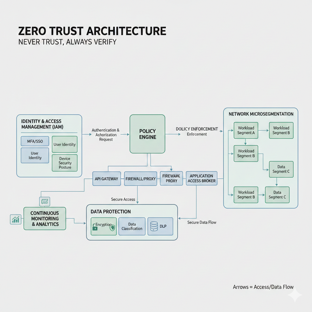 Zero trust architecture diagram showing IAM, policy engine, and enforcement points